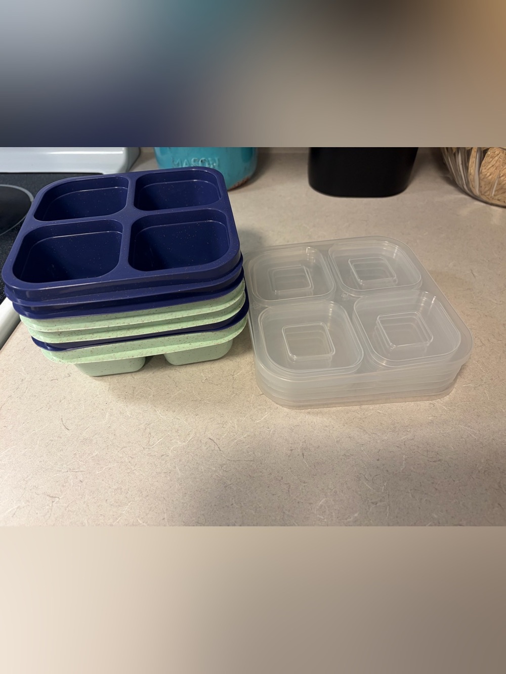 Silicone Stackable 4-Compartment Snack & Portion Tray - Navy Blue and Mint